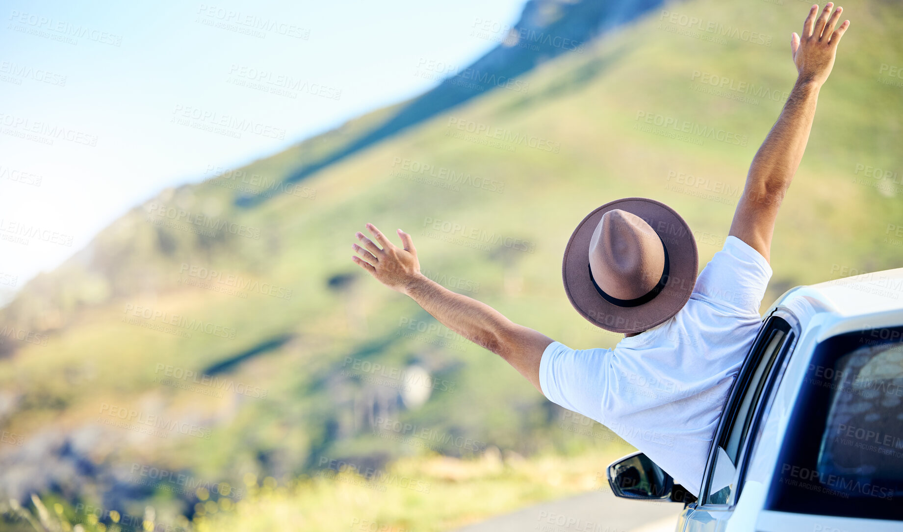 Buy stock photo Outdoor, back and window in car, freedom and arms for journey, road trip and hat for vacation in summer. Travel, hands and driving in morning and door of vehicle, person and adventure in Texas