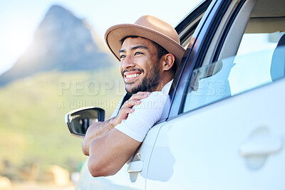 Buy stock photo Travel, happiness and window in car, man and smile for journey, road trip and hat for vacation in summer. Outdoor, thinking and driving in morning and door of vehicle, person and adventure in Texas