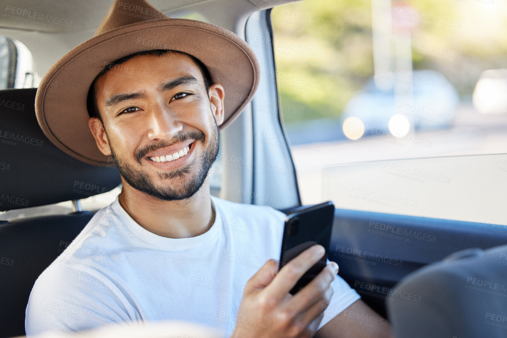 Buy stock photo Travel, portrait and man with phone in car for transportation, vacation and online guide on road trip. Happy, Mexican person and smile with tech in vehicle for location app, information or navigation