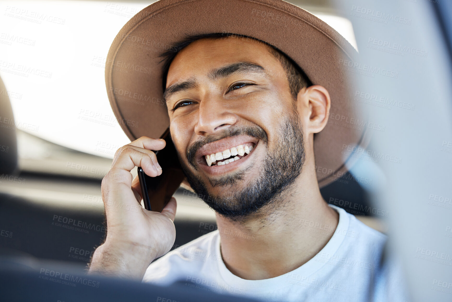 Buy stock photo Phone call, smile and man in car for road trip on vacation, travel or holiday with contact. Communication, cellphone and male person from Indonesia on mobile conversation in vehicle for journey.