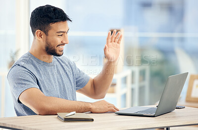 Buy stock photo Shot of a young businessman on a video call in an office at work