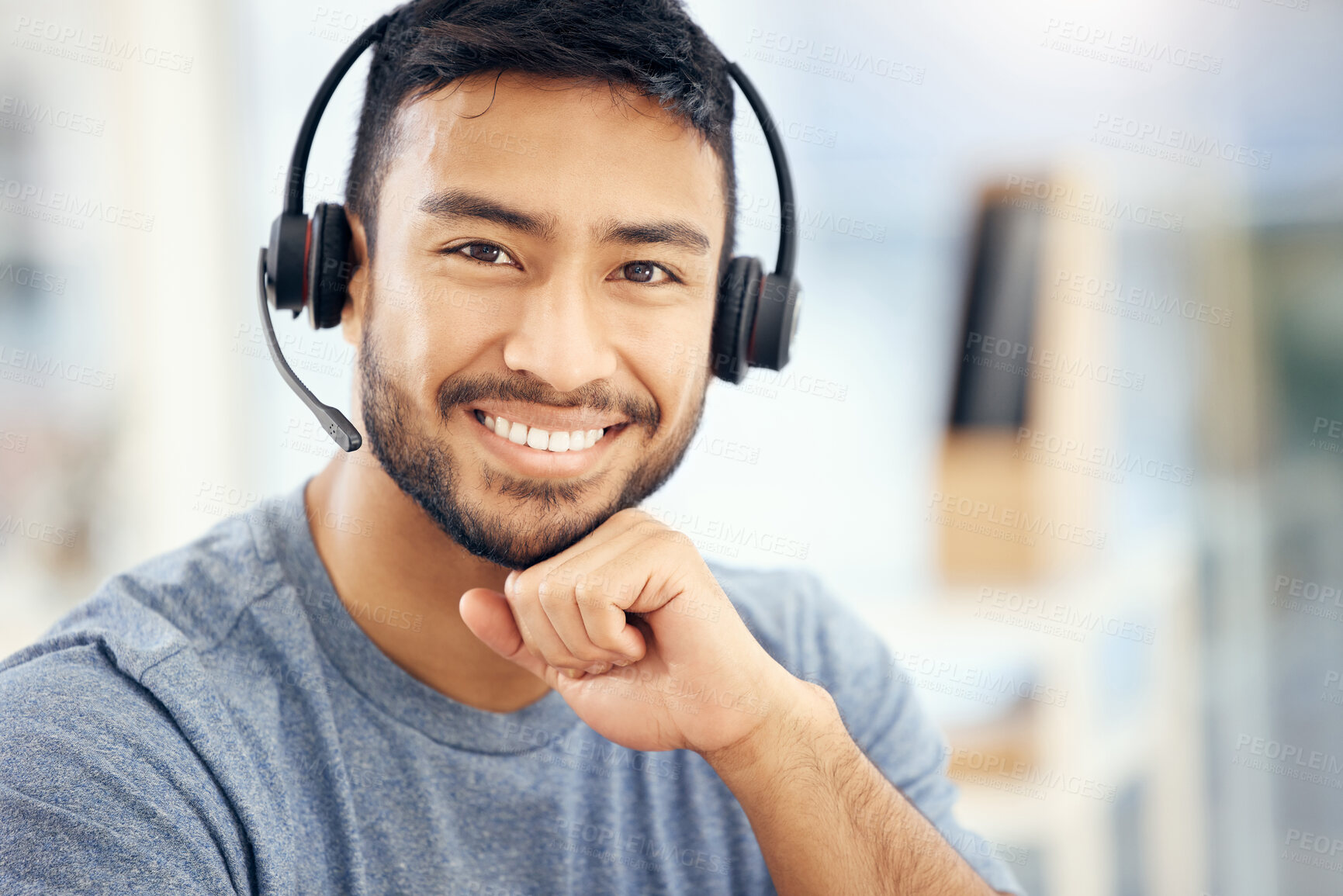 Buy stock photo Home office, happy and portrait of man with headset for telemarketing, remote work and information. Smile, agent and person with hand on mic for customer support, insurance sales and help to clients