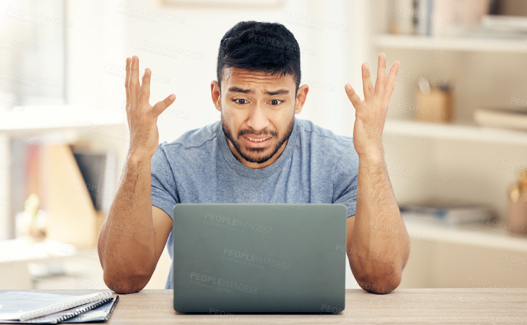 Buy stock photo Frustrated, man and laptop with anxiety in home office for remote work, connection issue and glitch. Confused, web designer and tech with stress for internet crash, SEO problem and network error