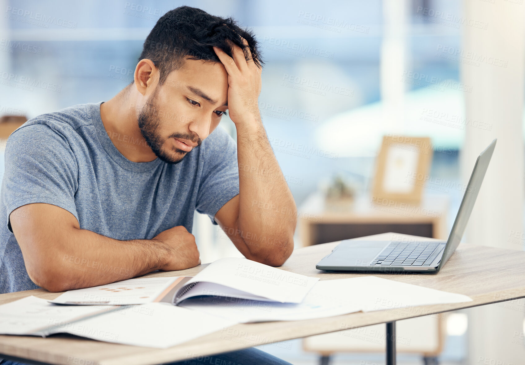 Buy stock photo Laptop, paperwork and business man with stress for work mistake, burnout and internet error in office. Documents, computer glitch and frustrated consultant for deadline fail, email crisis and fatigue