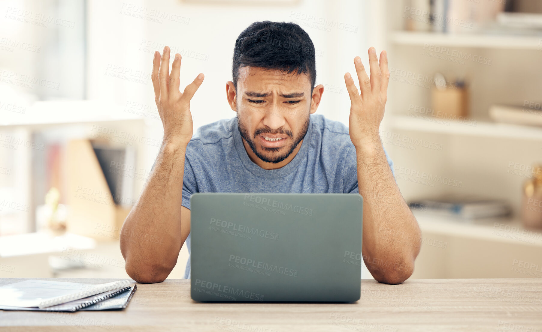 Buy stock photo Frustrated, man and laptop with stress in home office for remote work, internet issue and glitch. Confused, web designer and tech with anxiety for network crash, SEO problem and connectivity error
