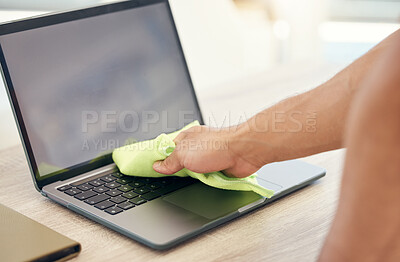 Buy stock photo Hands, cloth and person with laptop, cleaning and remove dust with hygiene, virus risk and company policy. Employee, consultant or computer with keyboard, covid compliance or health maintenance