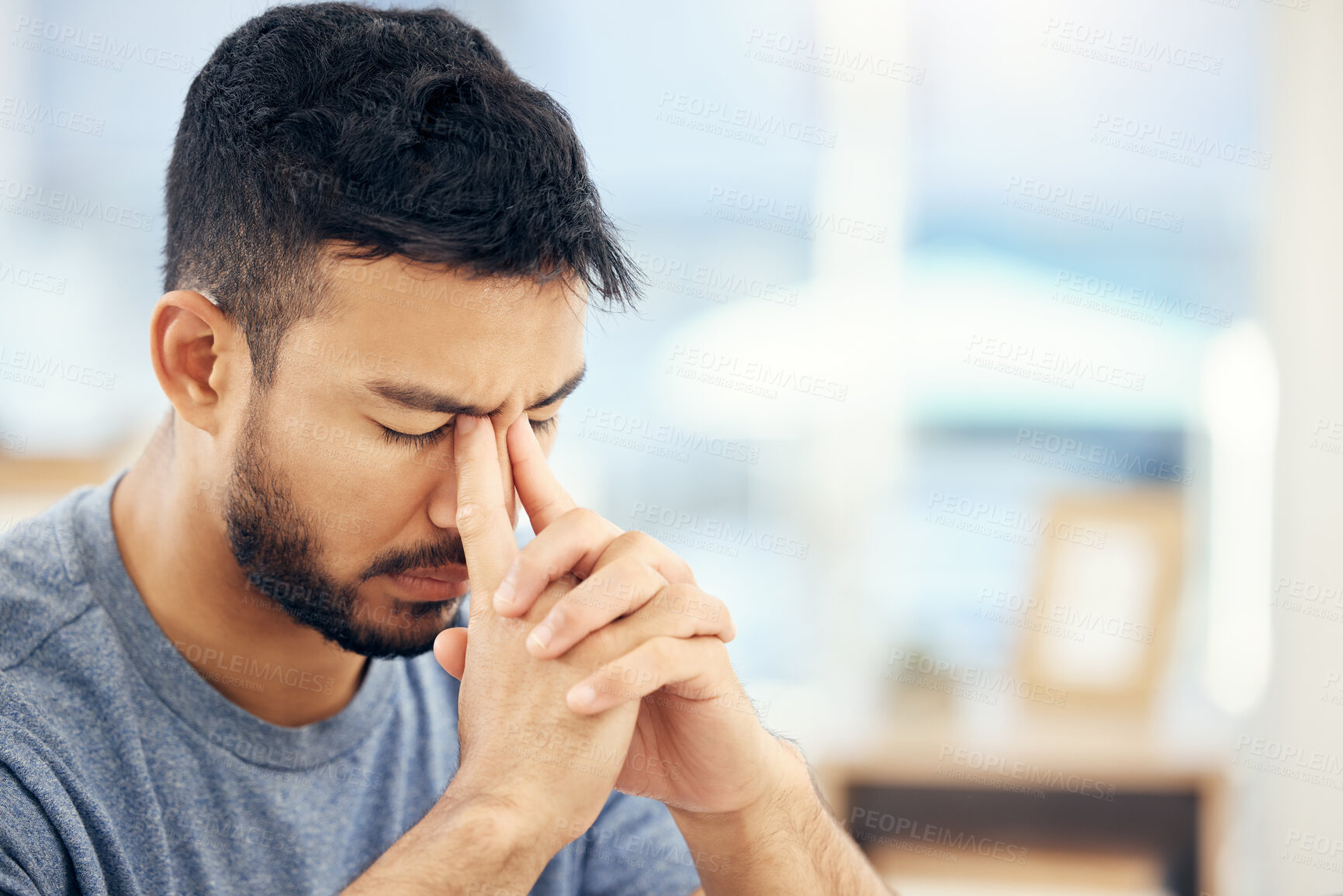 Buy stock photo Headache, man and stress in office for project, planning and burnout for career in workplace. Professional person, frustrated and tired or brain fog for mental health and anxiety for business at desk