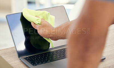 Buy stock photo Hands, cloth and person with laptop, remove dust and cleaning with hygiene, bacteria risk and company policy. Employee, screen or computer with keyboard, covid compliance or health maintenance