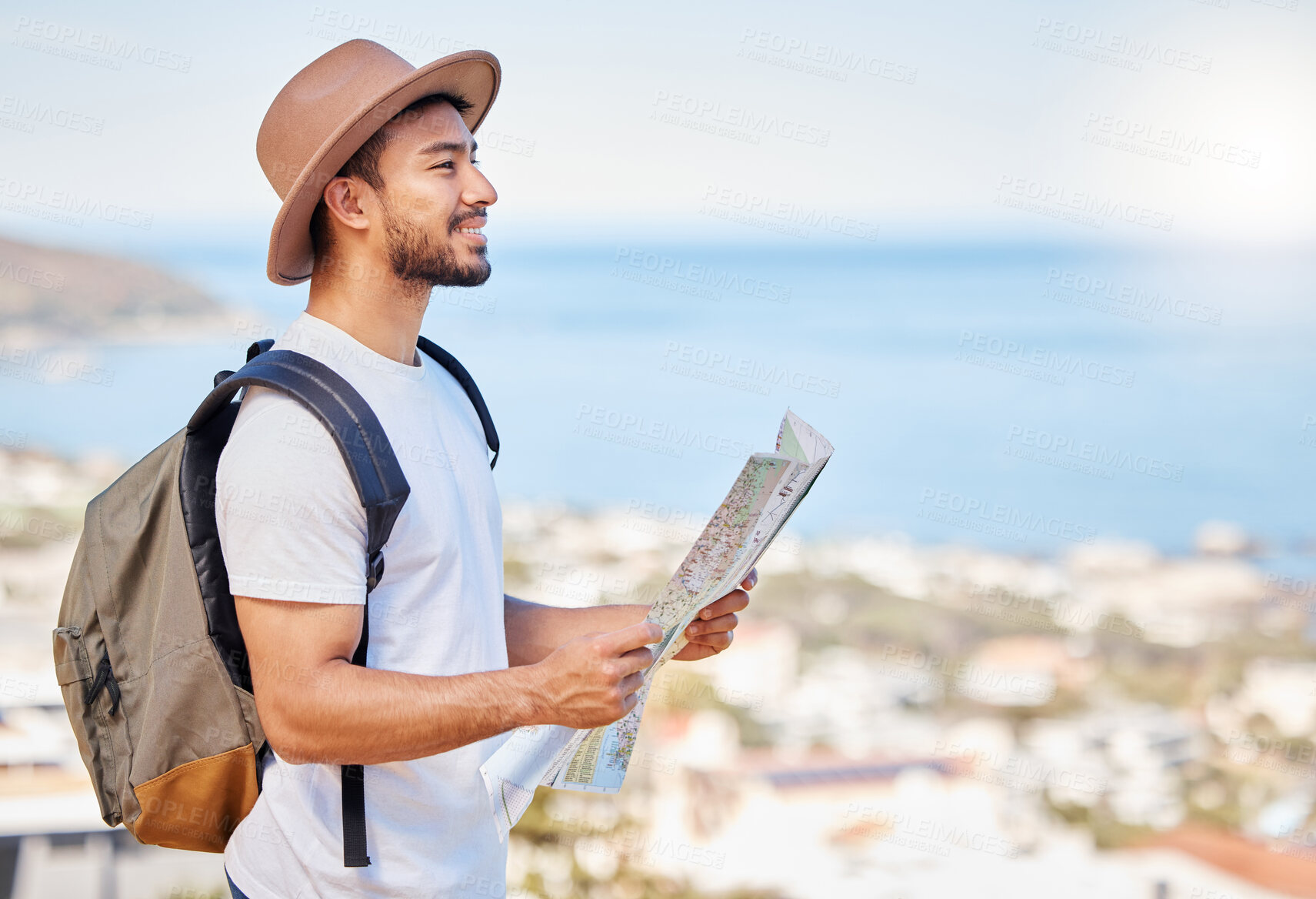 Buy stock photo Journey, map and profile of man with backpack for travel, adventure and direction in Spain. Male tourist, smile and sight seeing in city for vacation, decision and route choice in summer for holiday