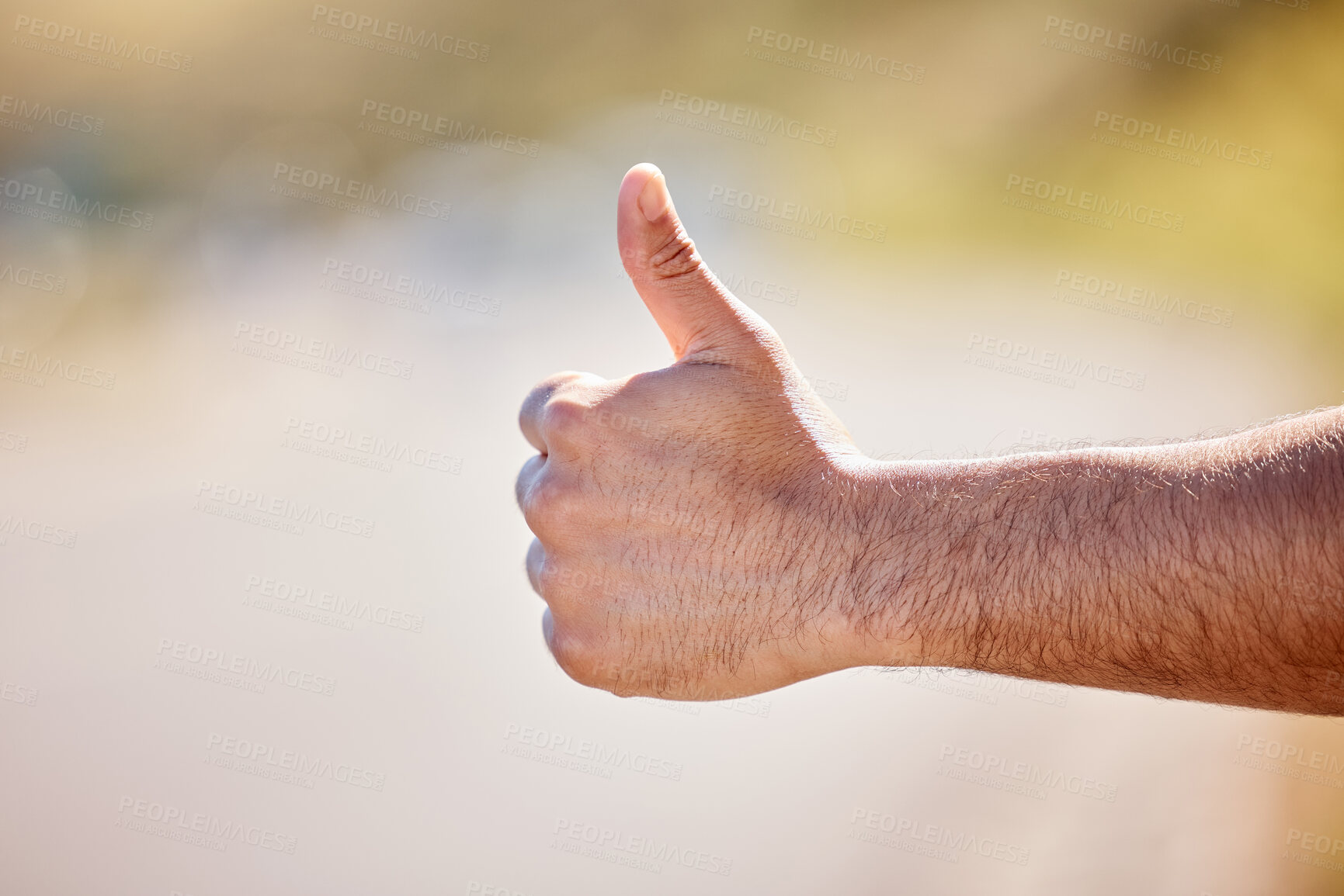 Buy stock photo Person, hands and road with thumbs up for hitchhiking on journey, trip and travel for holiday in California. Traveler, backpack and stop cars or transport for ride on vacation as tourist on adventure