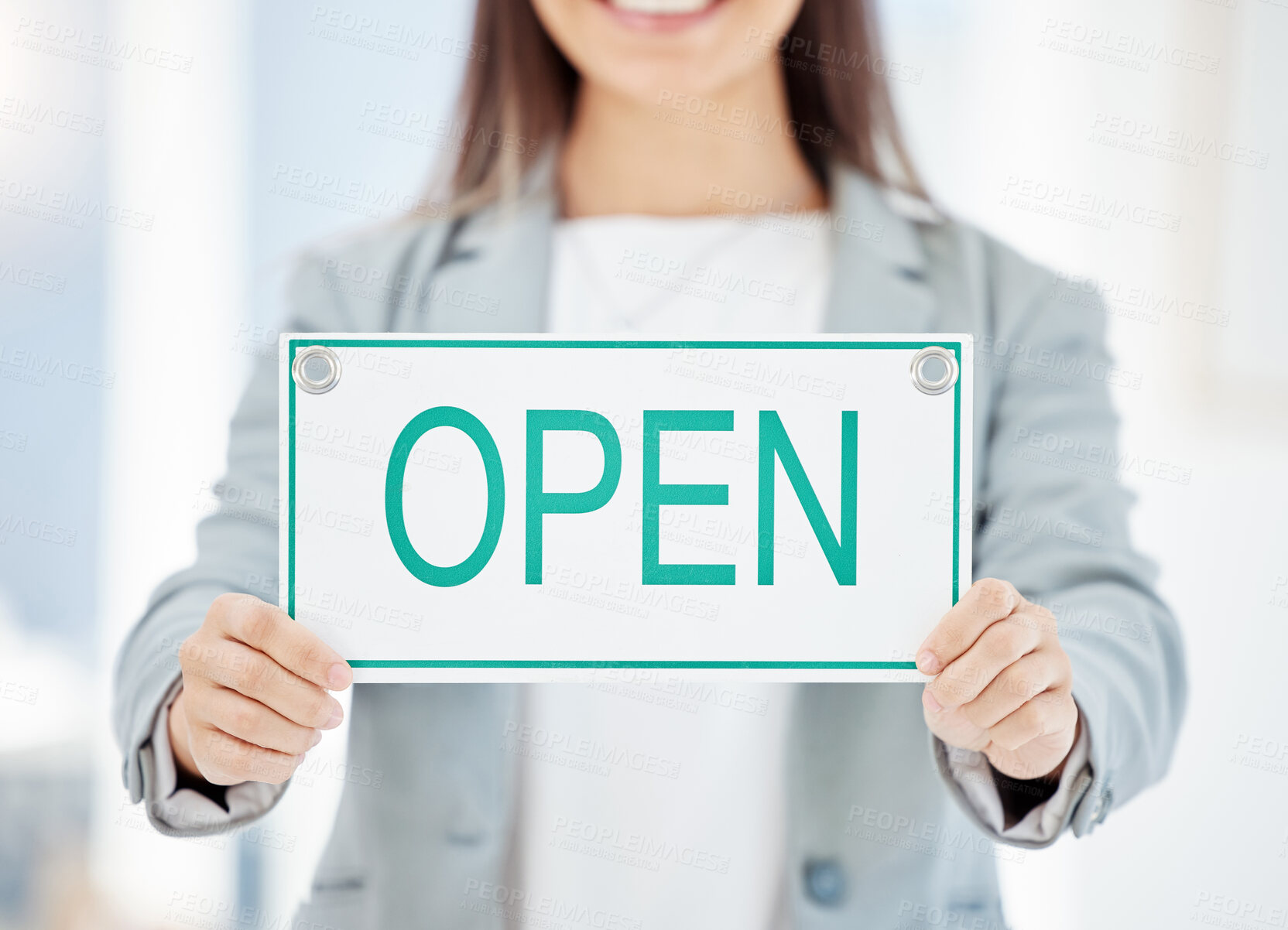 Buy stock photo Business, woman and hand with open sign for startup job announcement and advertising message of company. Female person, welcome poster and marketing, opportunity and news information of office 