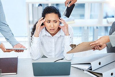 Buy stock photo Shot of a young businesswoman feeling overwhelmed in a demanding work environment