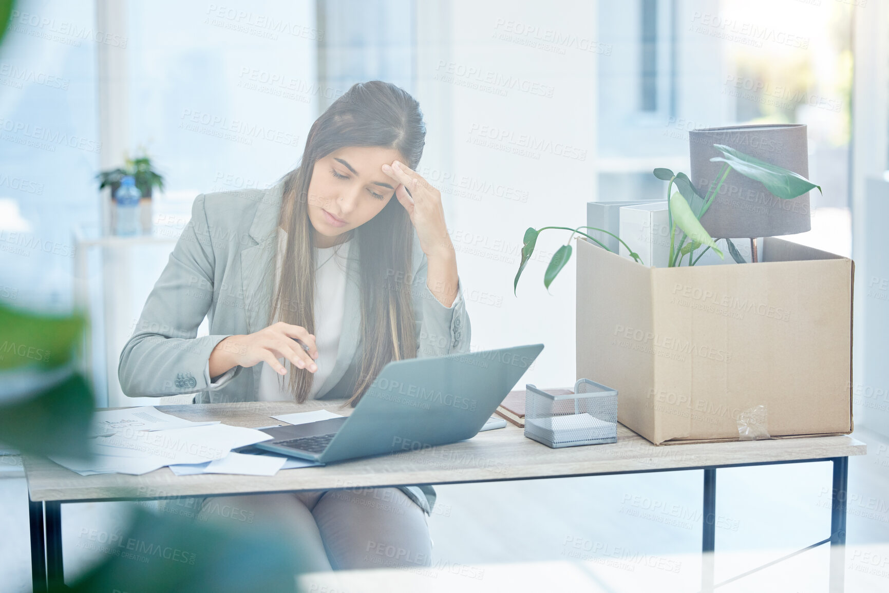 Buy stock photo Woman, office and overwhelmed with fatigue, burnout or mental health for deadline or work. Stress, female person and worry with frustrated for exhausted, thinking and planning for resignation at job
