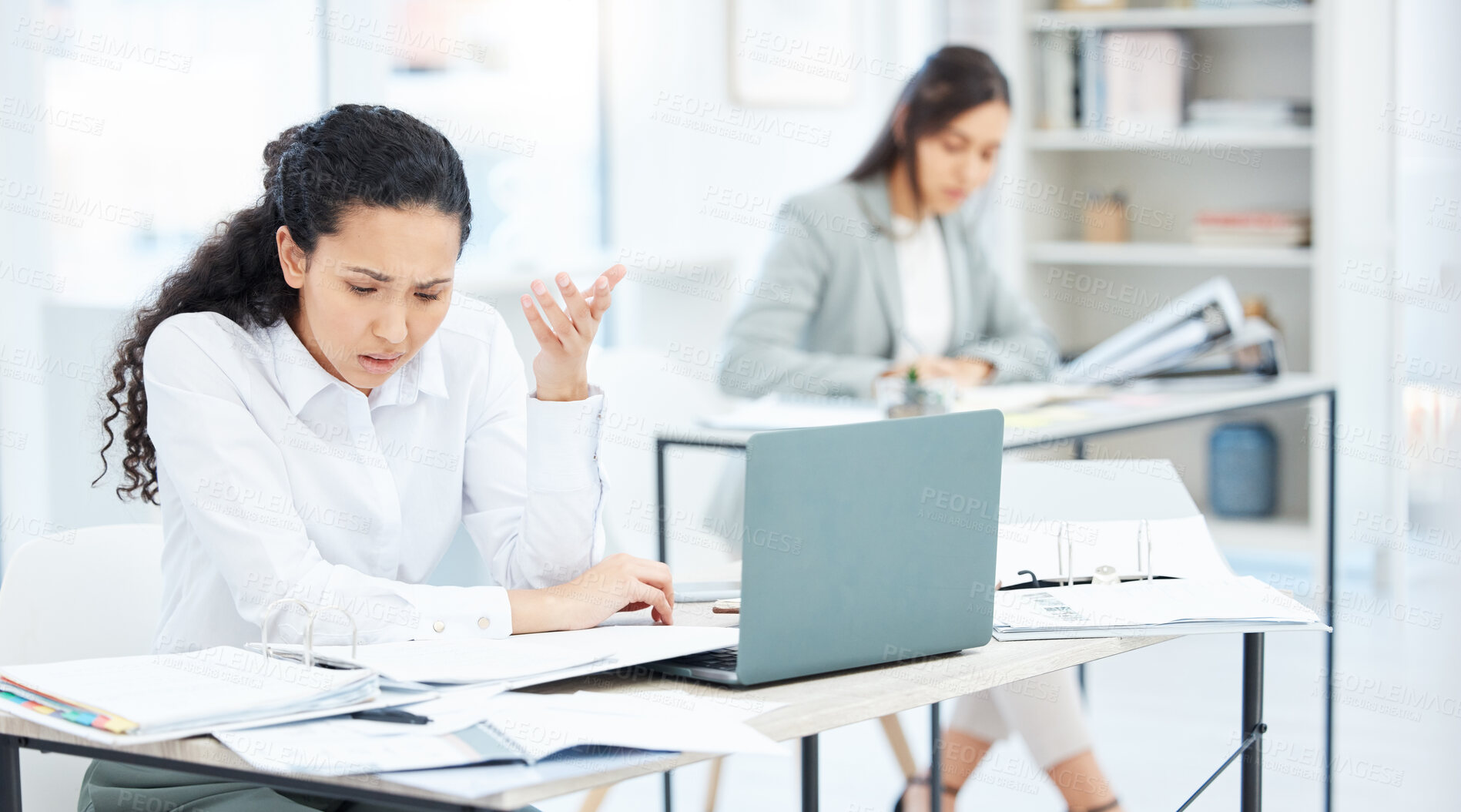 Buy stock photo Confused, woman or stress in office for finance, company debt or error in document for business. Female bookkeeper, frustrated or shrug at desk for budget crisis, filing mistake or investment fraud