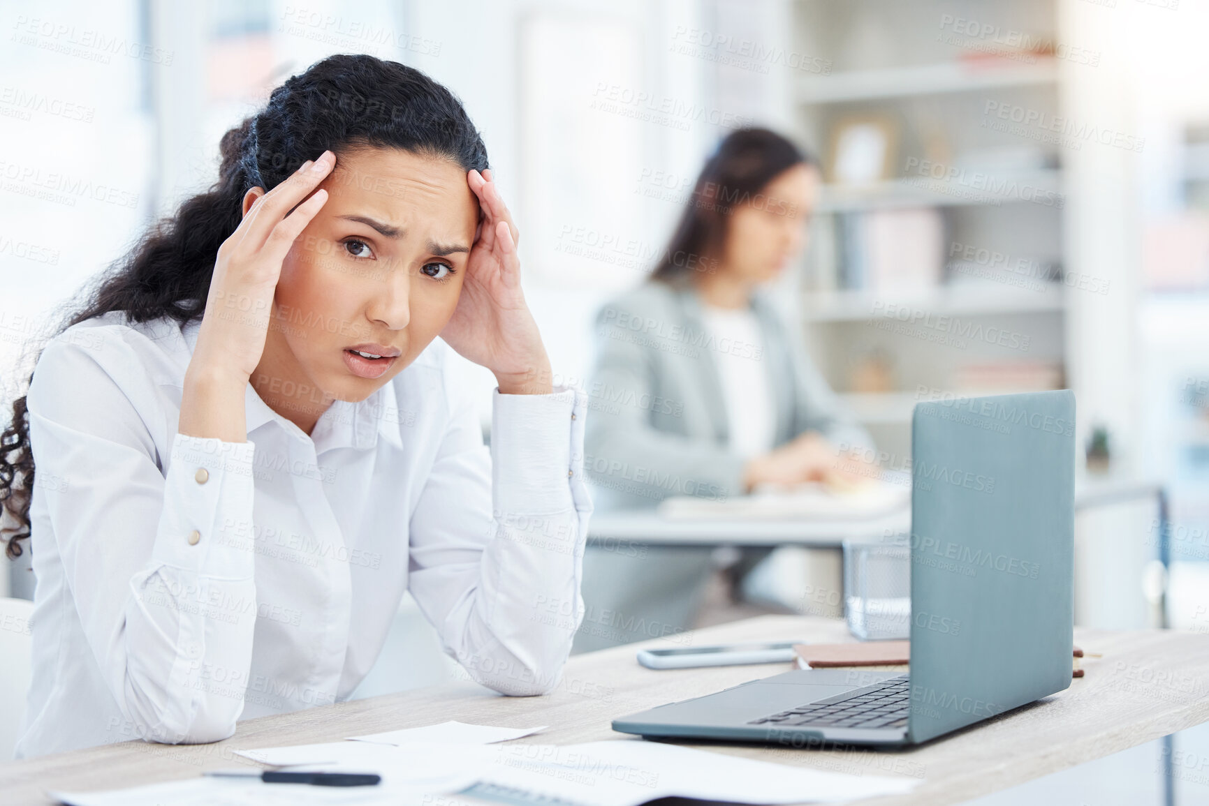 Buy stock photo Woman, portrait and headache with fatigue, burnout and mental health for deadline or work. Stress, female person and worry with anxiety, exhausted and tired with overwhelmed, time management or pain
