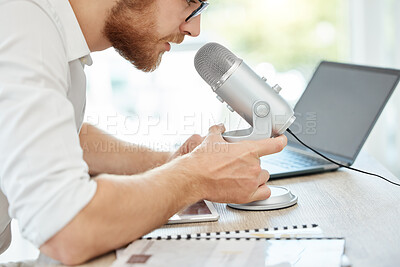 Buy stock photo Podcast, talking and business man on microphone of career advice, news broadcast or web platform in office. Live streaming, computer and person speaking, voice and politics or radio discussion on mic