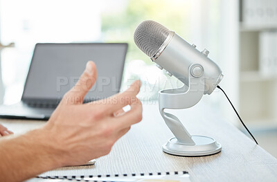Buy stock photo Podcast, microphone and business person hands for career advice, news broadcast and web platform in office. Live streaming, computer and people hands, voice and tech for news, politics or radio talk
