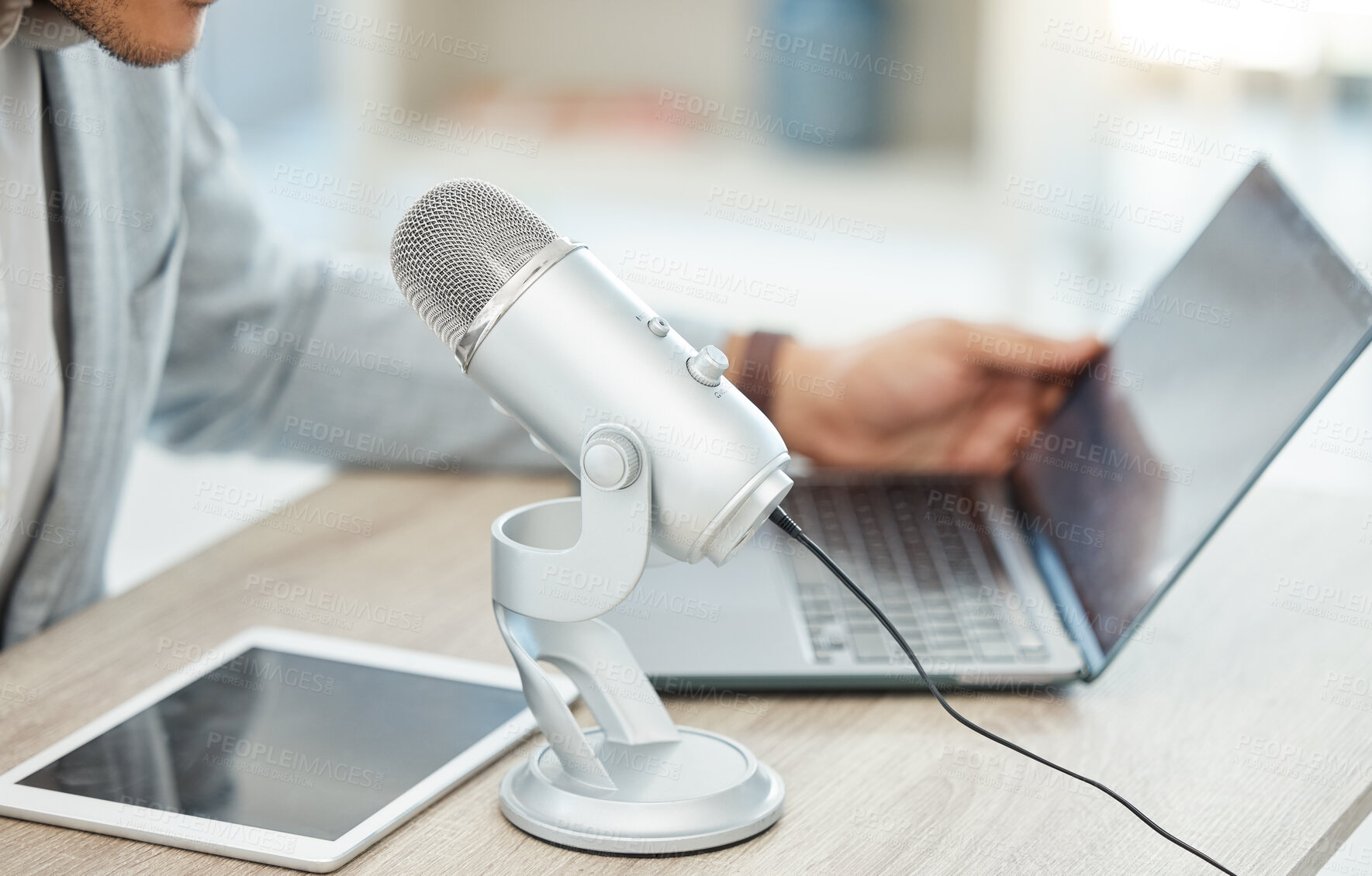 Buy stock photo Computer, microphone and business man hands for podcast, online broadcast and web 3.0 platform or digital tablet. Advice, speaker and person voice, talking or news, politics and laptop for radio show