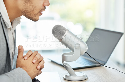 Buy stock photo Podcast, microphone and business man speaking, advice or online broadcast on web 3.0 platform, laptop and office. Serious influencer person, voice, sound and talking news, politics or media on radio