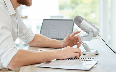 Buy stock photo Podcast, microphone and live streaming person speaking, advice or broadcast on web platform in office. Computer, mic and hands of man with voice talking for news, politics or media report on radio 
