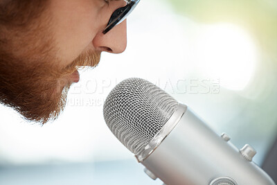 Buy stock photo Man, mouth and microphone for podcast or broadcast for business advice as content creator. Male person, hosting and presenter with online talk show for communication, networking and live streaming