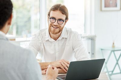 Buy stock photo Interview, meeting and business people discussion, planning and startup advice, b2b collaboration or web design consulting. Laptop, website proposal and happy professional man with partner in office