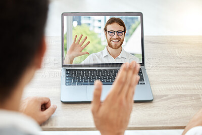 Buy stock photo Video call, laptop and business people for virtual communication, online meeting and remote work. Happy professional man and partner wave hello on computer screen for webinar or team collaboration