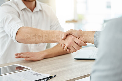 Buy stock photo Handshake, meeting and business people for partnership, thank you and b2b welcome or interview success in office. Man, clients or partner shaking hands for deal, thanks and recruitment or agreement