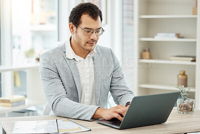 Buy stock photo Computer, typing and business man planning, copywriting and article, newsletter or blog research in home office. Editor, web writer or professional person editing, remote work and working on laptop
