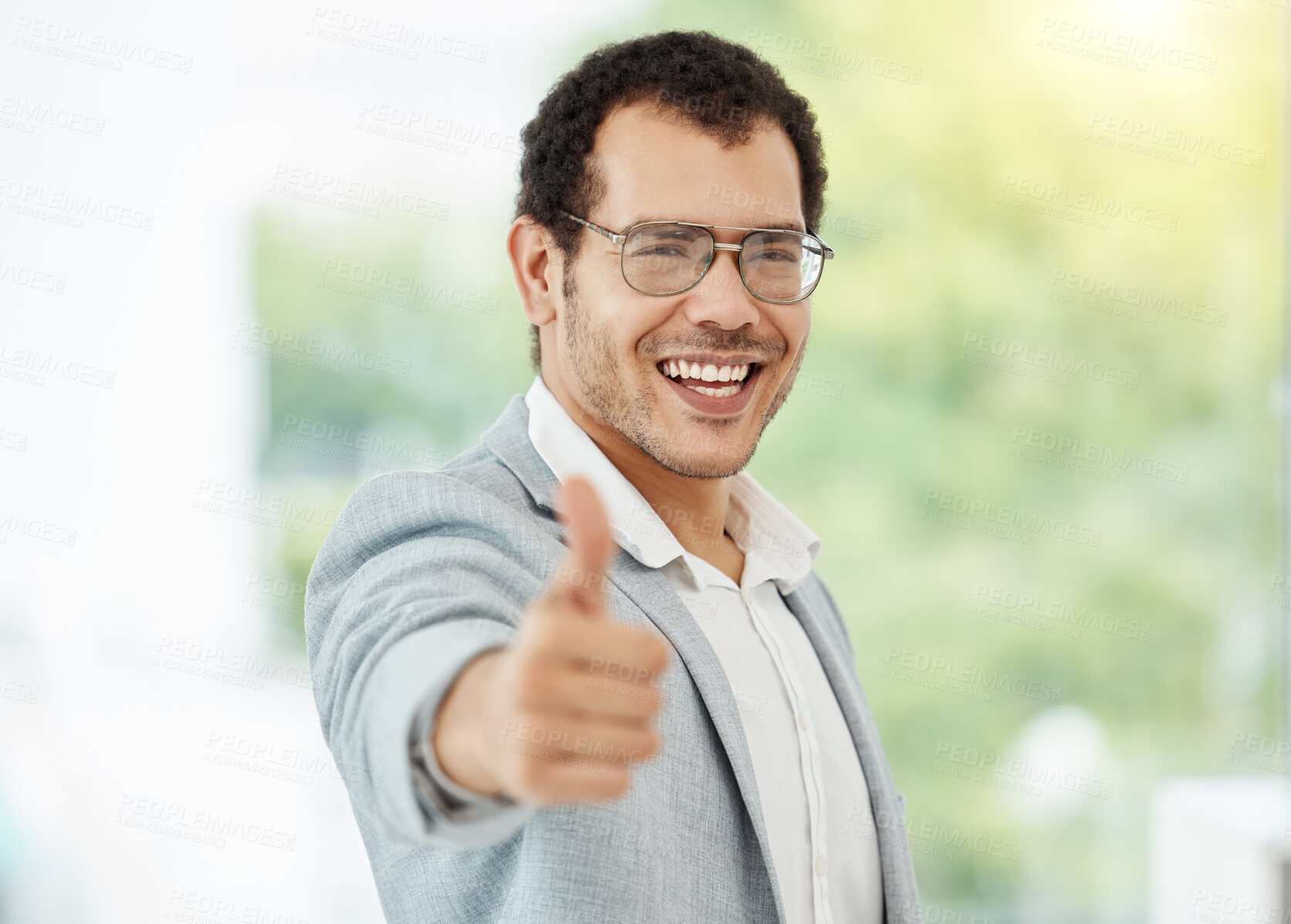 Buy stock photo Man, business and happy with thumbs up with confidence or smile for for career growth and job opportunity. Male person, portrait and proud for corporate company with progress as entrepreneur