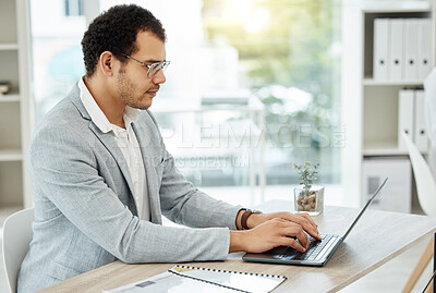 Buy stock photo Laptop, typing and business man planning, copywriting and article, newsletter or blog research for online career or company. Editor, web writer or professional person working or editing on computer