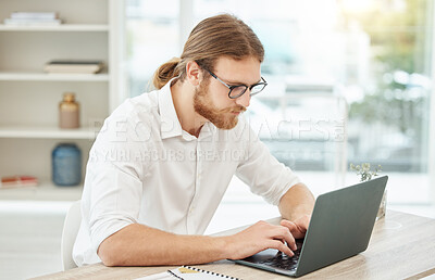 Buy stock photo Typing, computer and business man in office for copywriting, company newsletter and research article or blog. Focus, working and social media writer, editor or person at startup, online and laptop