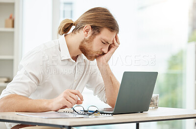 Buy stock photo Tired, headache and business man on computer for stress, burnout and mental health problem, fail or crisis. Pain, fatigue and office person with depression, anxiety or mistake, wrong email and laptop