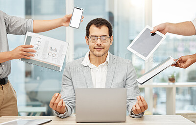 Buy stock photo Calm, multitask and meditation of business man on laptop, documents and phone call or tech in office. Mental health, time management and wellness of professional manager, computer and people hands