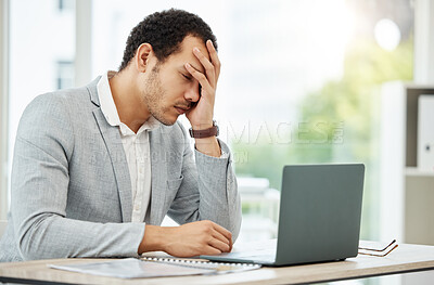 Buy stock photo Stress, tired and business man on laptop for headache, burnout and mental health problem, fail or crisis. Pain, fatigue and office person with depression, anxiety or mistake, wrong email and computer