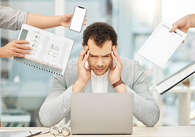 Buy stock photo Headache, chaos and business man stress on computer, documents and phone call, paperwork and burnout in office. Mental health, people hands and manager for fatigue, tablet screen and cellphone mockup