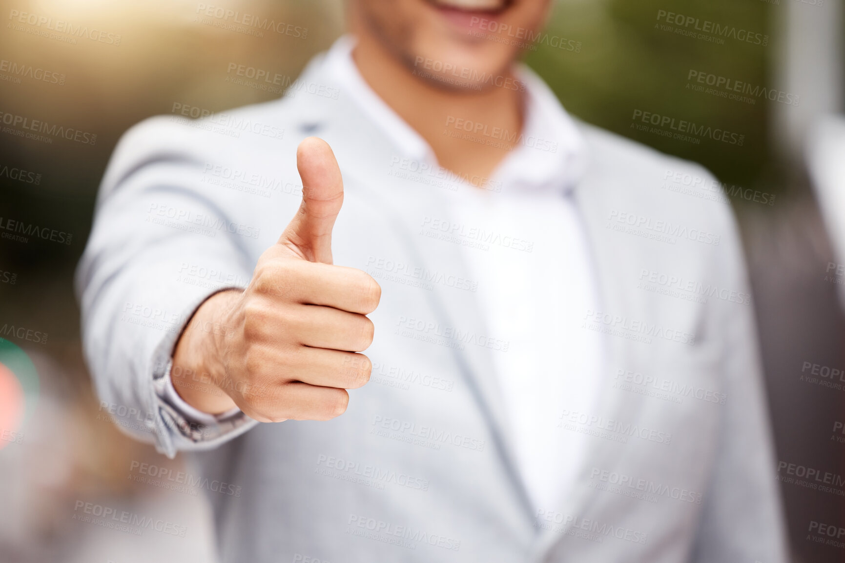 Buy stock photo Businessman, hand and thumbs up in outdoor for approval, support and career win in city. Employee guy, success and like emoji in urban town for work achievement, thank you and excellent reputation