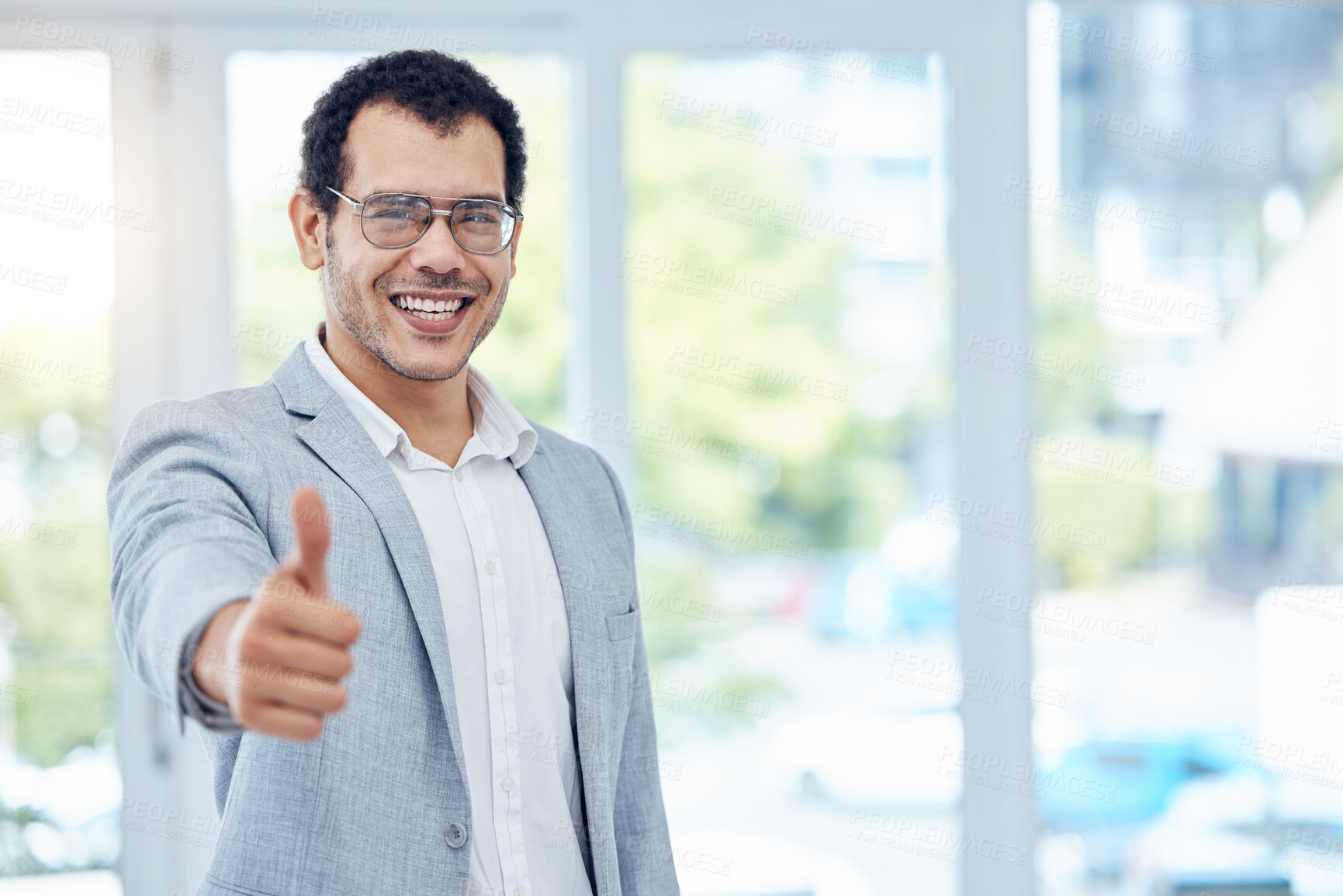 Buy stock photo Thumbs up, portrait and happy businessman in office with confidence for company, job and career. Thank you, smile and corporate in workplace with glasses for success, motivation and support or like