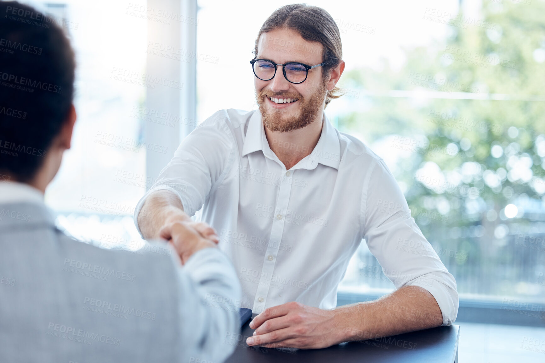 Buy stock photo Handshake, interview and business people in office with welcome for meeting, job opportunity or recruitment. Hiring, human resources and candidate shaking hands for greeting, onboarding or employment