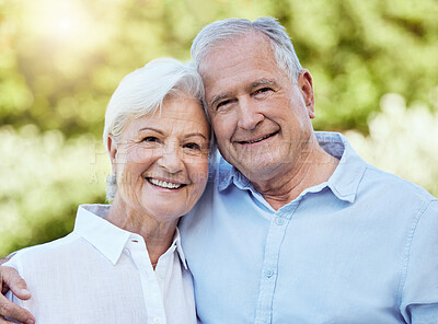 Buy stock photo Portrait, smile and senior couple in nature for love, care and hug for support in retirement together. Face, man and woman embrace outdoor for romance, loyalty and connection for relationship on date