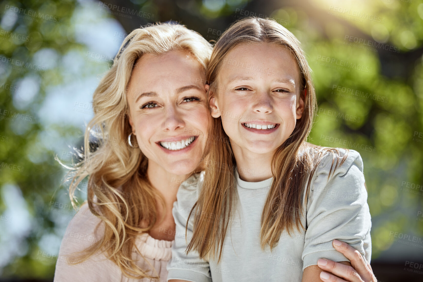 Buy stock photo Portrait, happy and kid with mother in nature for bonding, travel and adventure on vacation. Outdoor, smile and girl with mom in park for connection on holiday, getaway or weekend trip in Australia.