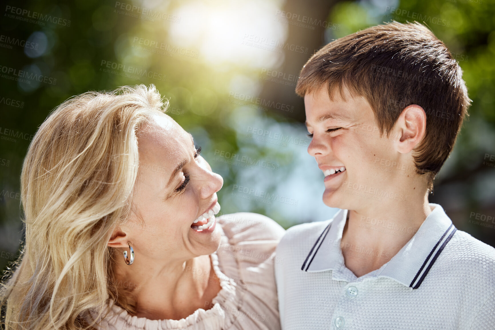 Buy stock photo Laughing, happy and child with mother in nature for bonding, travel and adventure on vacation. Comedy, fun and boy kid with mom outdoor in park for connection on holiday, getaway or weekend trip.