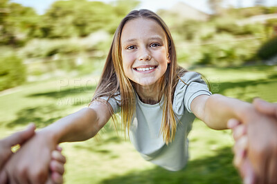 Buy stock photo POV, hands and child in portrait for spinning in park, garden or backyard with happiness. Female person, little girl and fun with playful, freedom and nature for support, trust and outdoor in summer