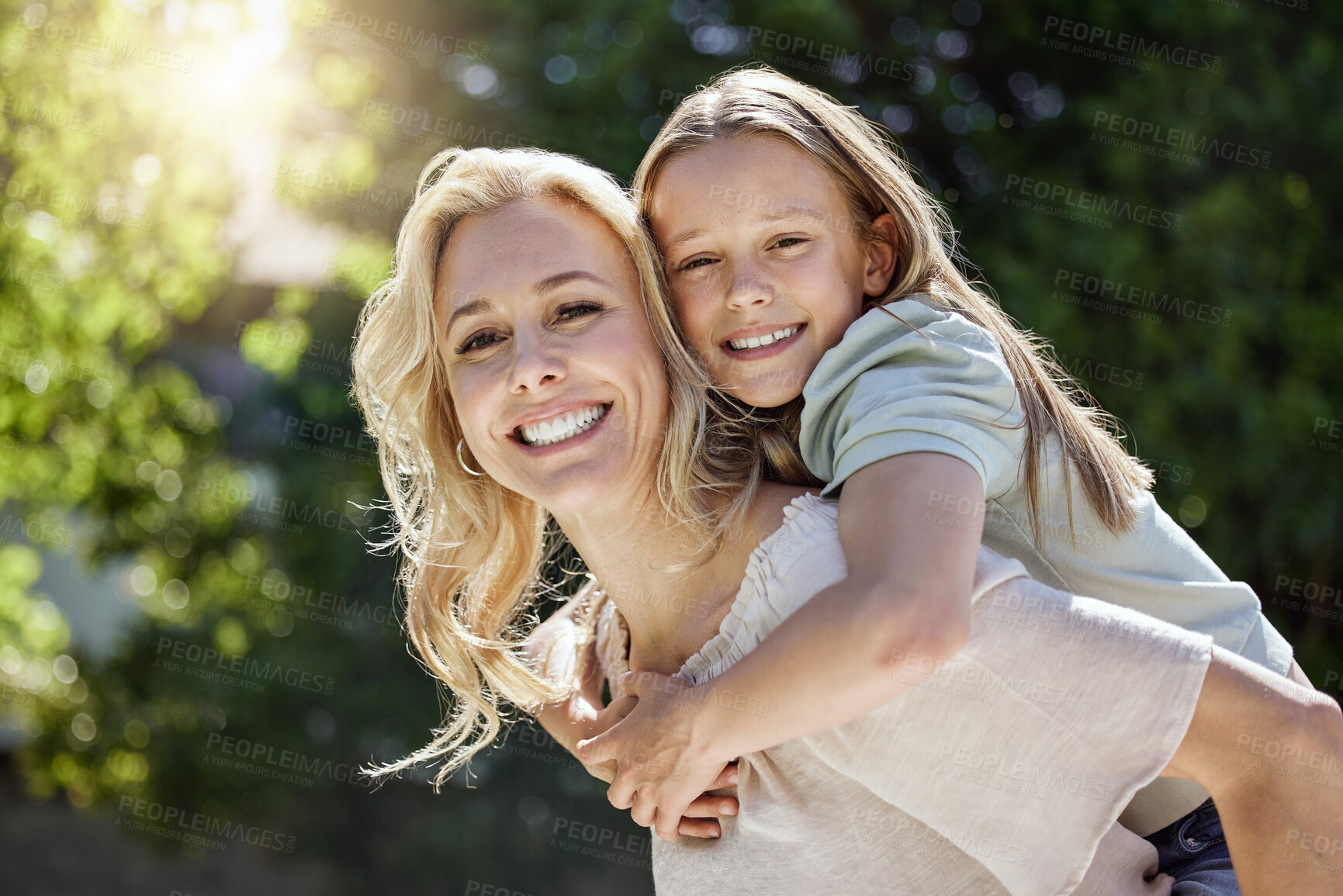 Buy stock photo Piggyback, happy and portrait of child with mother in nature for bonding, travel and adventure on vacation. Outdoor, fun and girl kid with mom in park on holiday, getaway or weekend trip in Australia