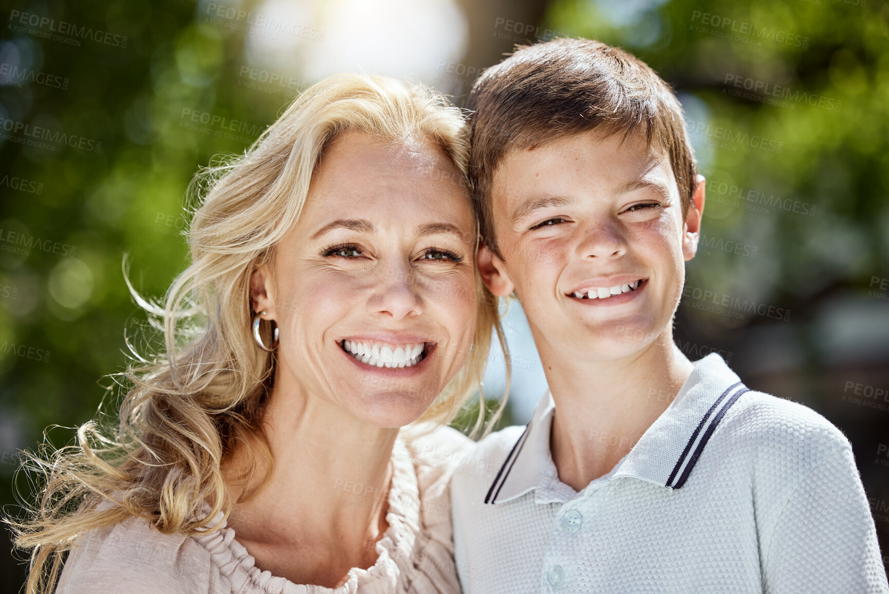 Buy stock photo Portrait, smile and child with mother in nature for bonding, travel and adventure on vacation. Outdoor, happy and boy with mom in park for connection on holiday, getaway or weekend trip in Australia.