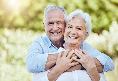 Buy stock photo Portrait, hug and happy senior couple in nature for support, care and love for retirement together. Face, man and woman embrace outdoor for romance, loyalty and connection for relationship on date