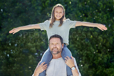 Buy stock photo Portrait, airplane and girl with dad, outdoor and happy in nature, fresh air and relax in morning or plants. Spring, bonding and child with father, peace and kid in backyard, smile or calm in weekend