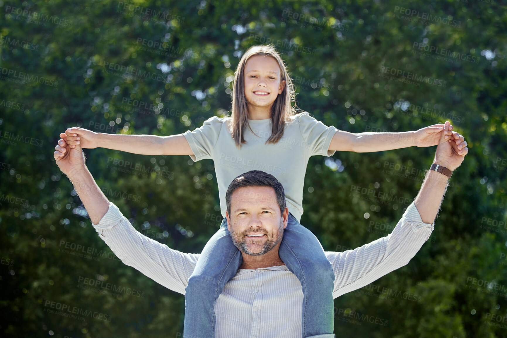 Buy stock photo Portrait, shoulder carry and child with dad, outdoor and happy in nature, fresh air and relax in morning. Spring, bonding and girl with father, peace and kid in backyard, smile and calm in weekend