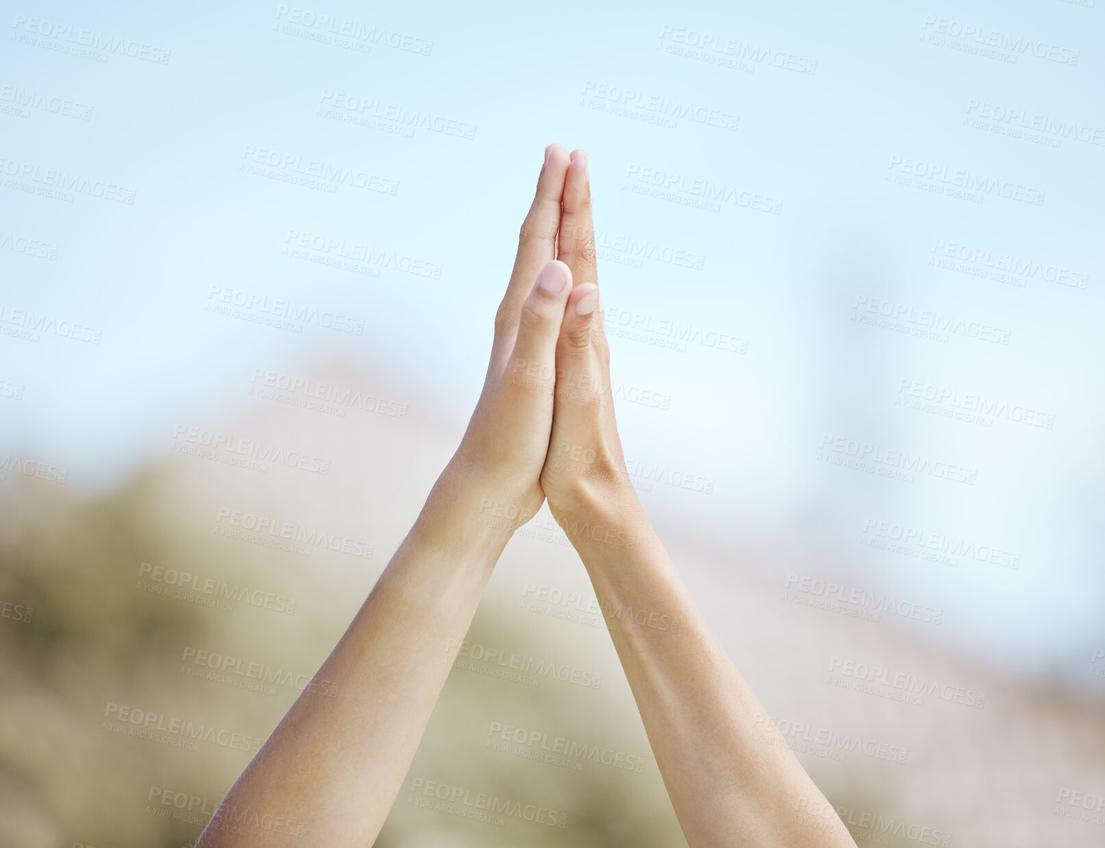 Buy stock photo Hands, teamwork and high five in nature, support or collaboration for motivation or outdoor goals. Closeup of people together in team building, solidarity or trust in unity or community outside