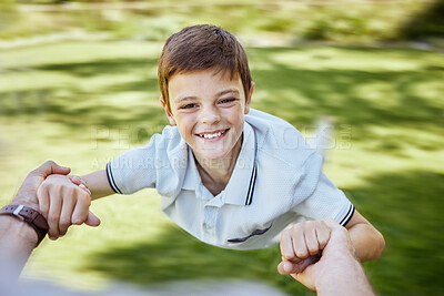 Buy stock photo Father, child or portrait in nature for spin, support and trust in relationship. Kid, fun or dad POV in garden for activity, bonding or excited on weekend with energy, love or holding hands in Sweden